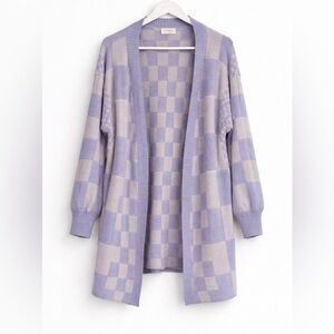 Annie Wear Checkered Lavender Open Front Drop Shoulder Cardigan Size Small